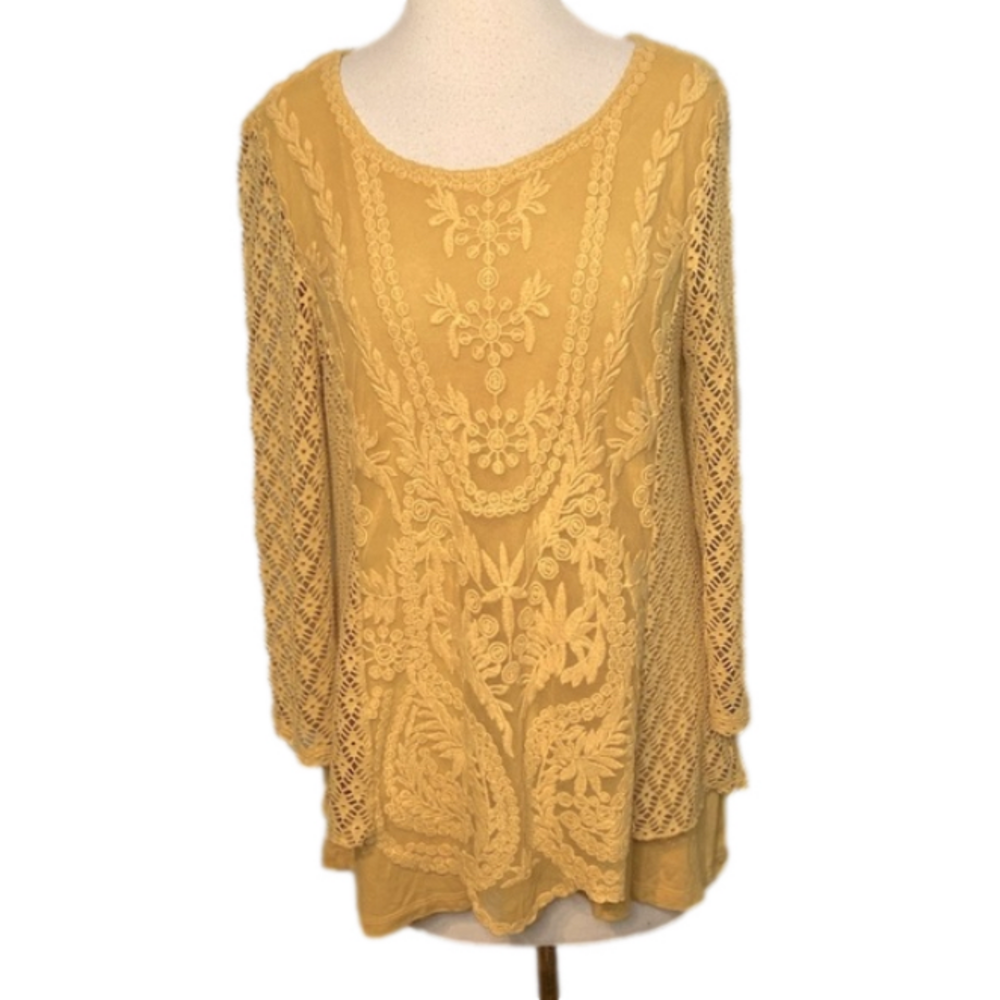 Multiples 3/4 Sleeve Top Crochet Lace Netting Overlay Mustard Yellow S